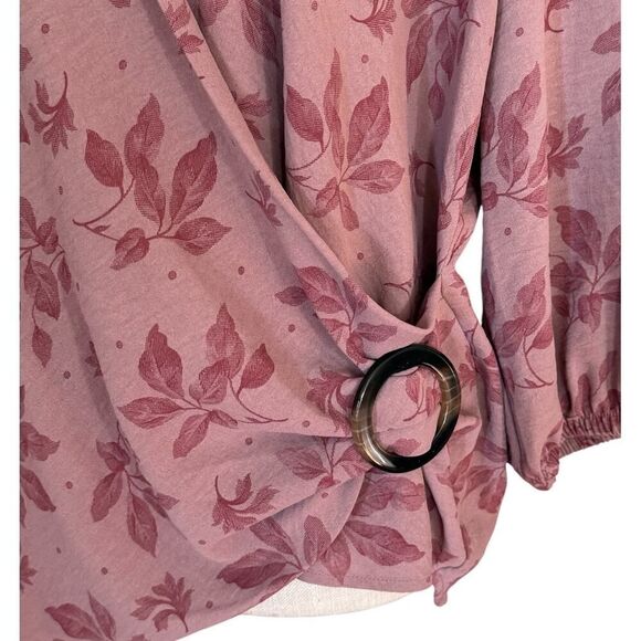 Olivia & Martin, Large, Pink Floral Faux Wrap Style Deep V Neck Blouse - Picture 2 of 8
